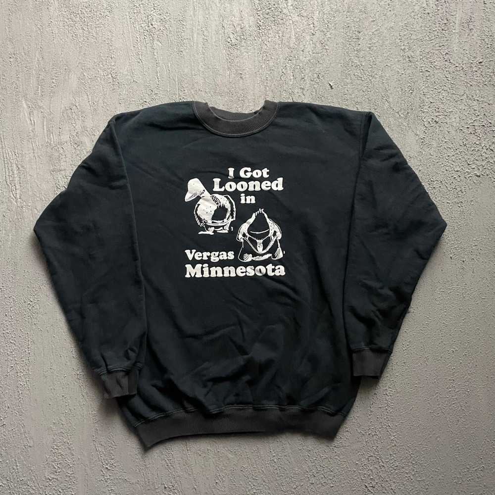 Vintage I Got Looned Vergas Minnesota Sweatshirt Mens Large Black 1990s